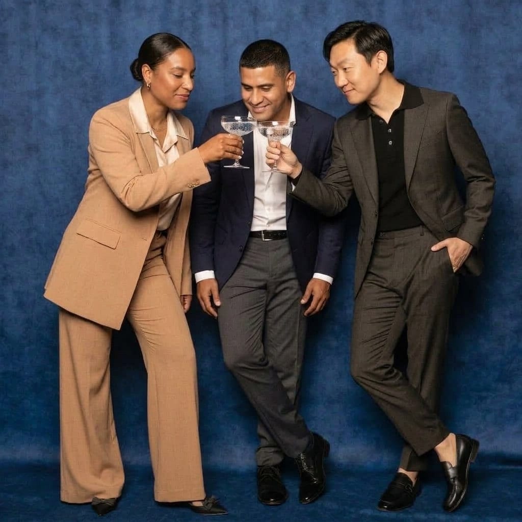 Colleagues in suits against a deep blue backdrop at a company event