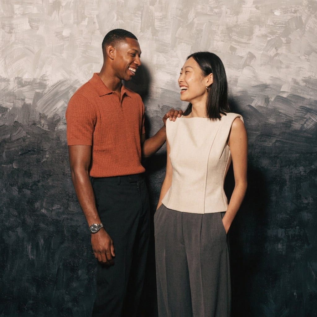 Two colleagues against a soft grey backdrop at a company event