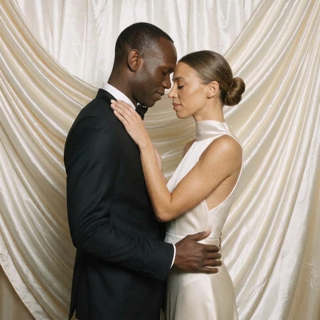 A bride and groom in the studio set against a draped ivory backdrop