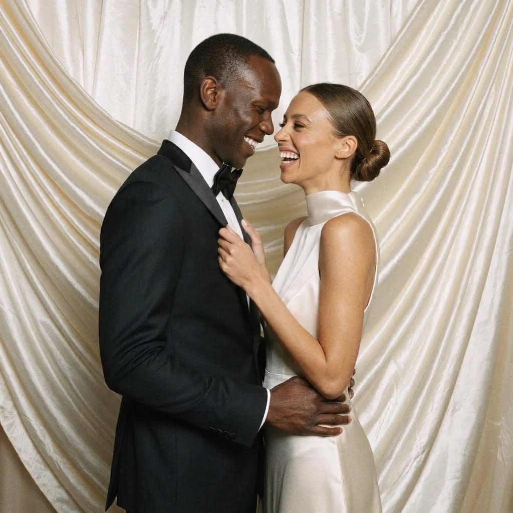 A bride and groom in the studio set against a draped ivory backdrop