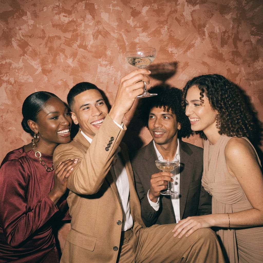 A group of wedding guests laughing together in the studio set