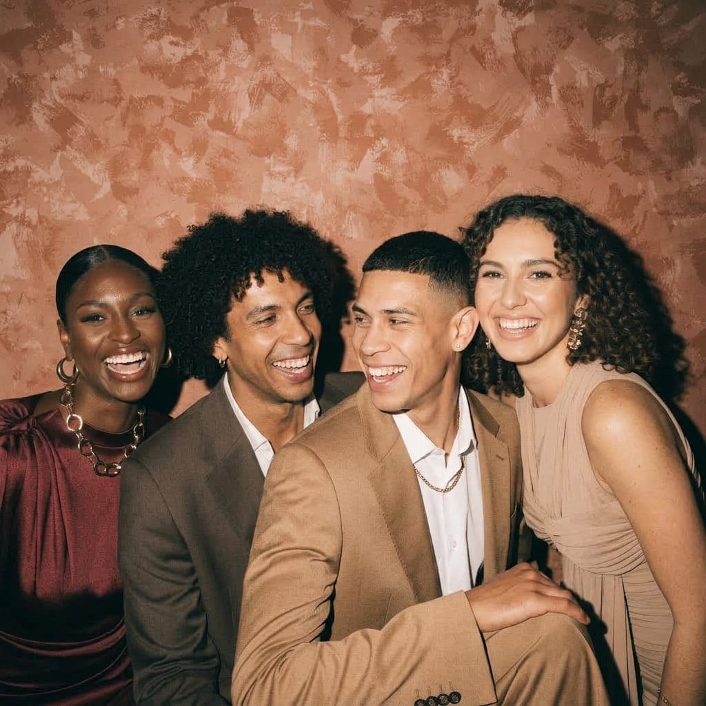 A group of wedding guests laughing together in the studio set
