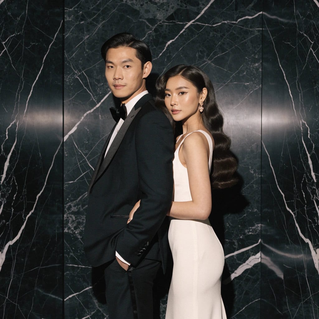 A couple in black tie against a dark marble backdrop