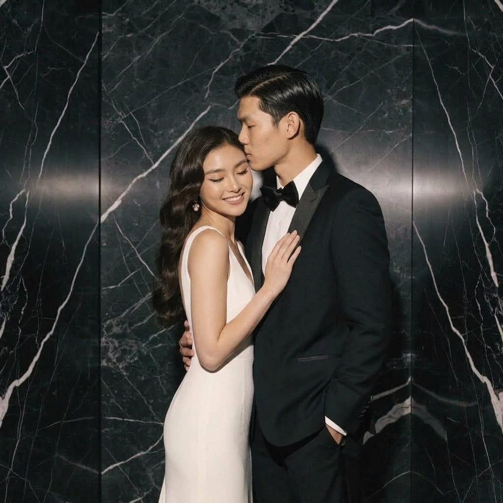 A couple in black tie against a dark marble backdrop