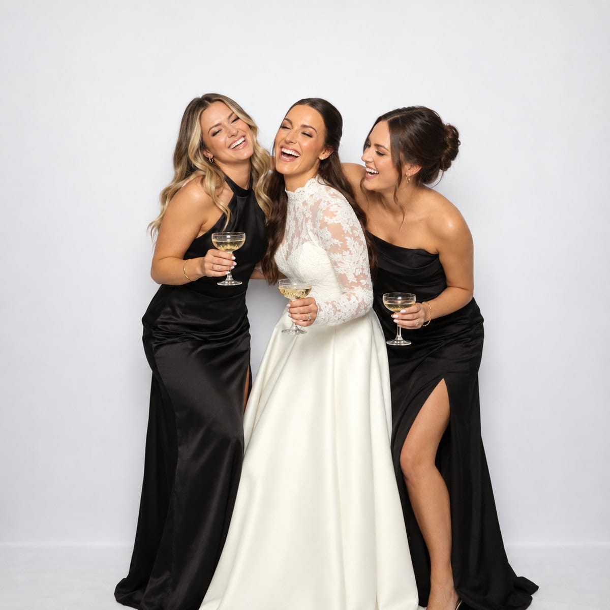 Three friends in evening dresses against an ivory backdrop